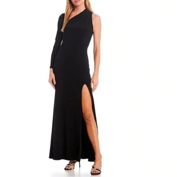 BETSY & ADAM Asymmetric Single Long Sleeve Gown in Black Size US 8 - Picture 12 of 15